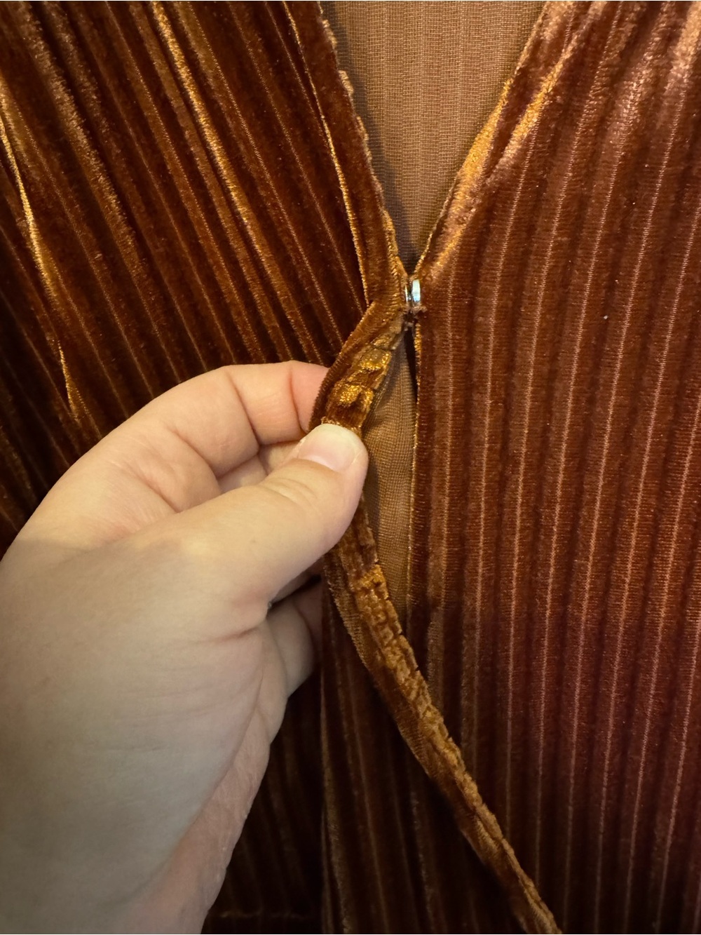 Women's Burnt Orange Velvet V Neck Wrap Dress - Picture 8 of 15